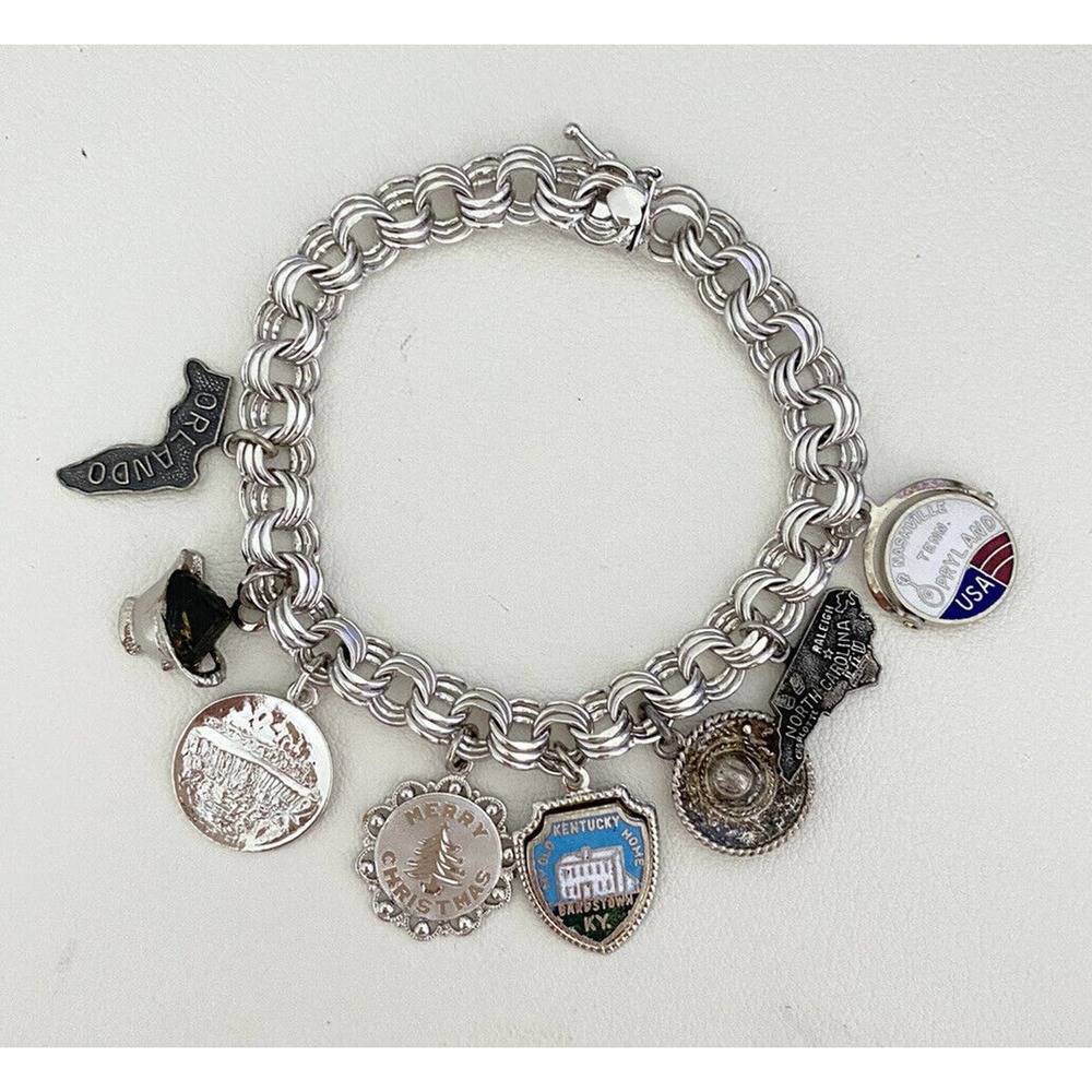 Vintage Forstner Sterling Silver States Charm Bracelet W/8 Charms